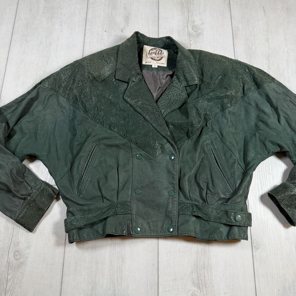 VTG 80s G-III Leather Suede Snakeskin Cropped Bomber Jacket Green Paisley Medium